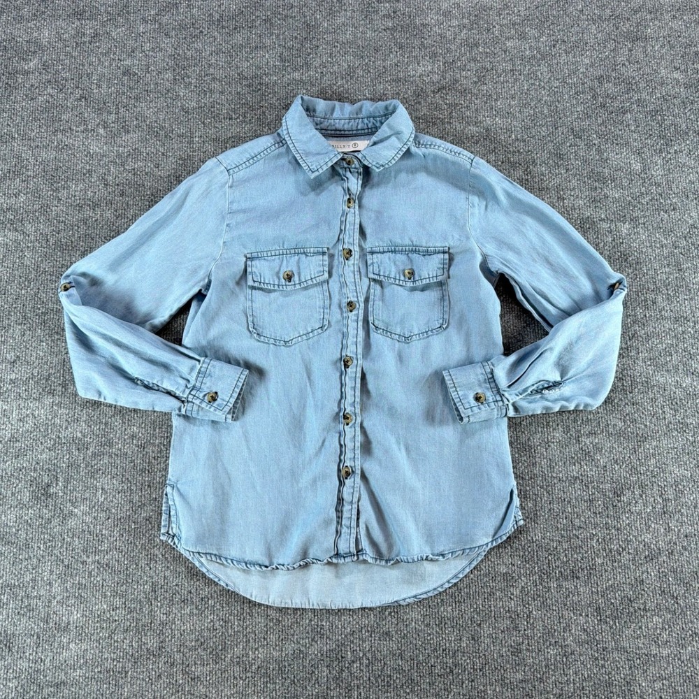 Billy T Womens Light Wash Denim Chambray Roll Tab Sleeve Button Down Shirt XXSP